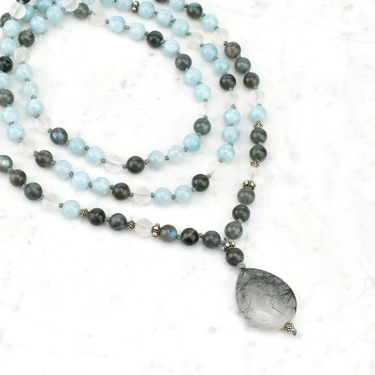 Calming & Purifying Mala Necklace / Aquamarine, Labradorite, Quartz