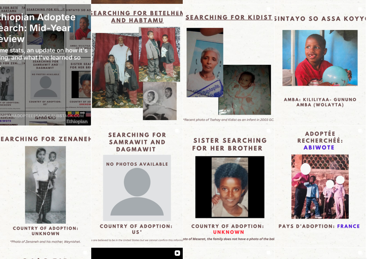A collage of adoption search reports with photos and missing person details for Ethiopian children, with some photographs showing children and adults, and others with placeholder images or text indicating no photos available.