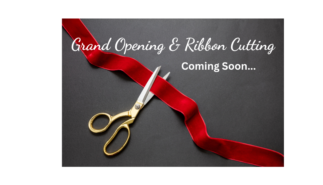 Announcement image showing gold scissors cutting a red ribbon with event text about a grand opening and ribbon cutting ceremony coming soon.