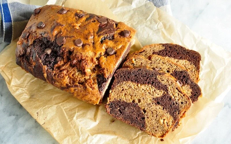 Vegan Marbled Einkorn Chocolate &amp; Peanut Butter Banana Bread