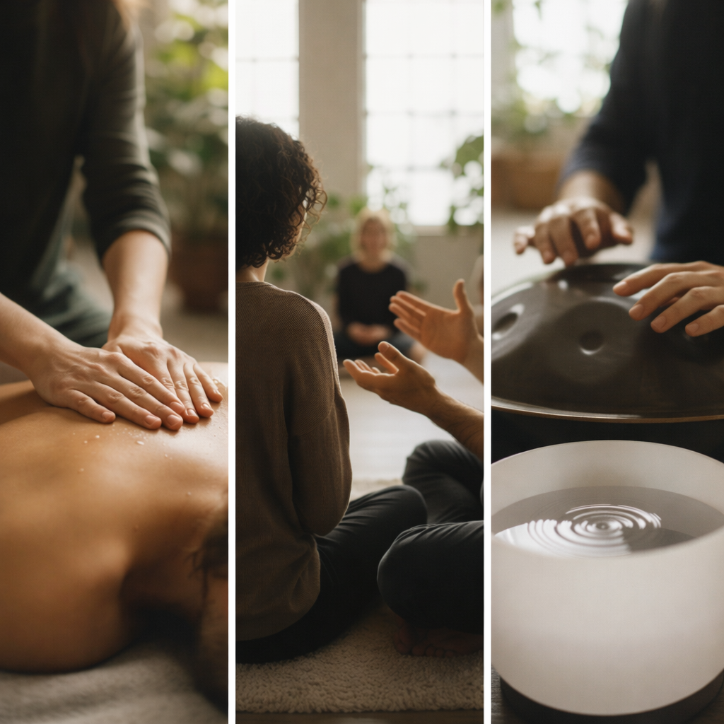 Composition des trois soins SOA à Paris : massage thérapeutique du corps, séance d'Intelligence Relationnelle® et soin vibratoire sonore avec harpe et instruments sacrés.