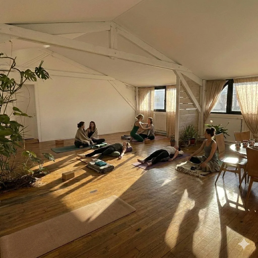 Atelier de yoga thérapeutique au Nid à Paris 20, axé sur la régulation du système nerveux et l'Intelligence Relationnelle®.