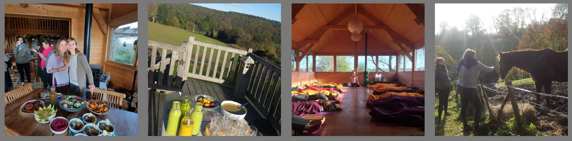Pratique de Yoga Intégral en groupe dans la salle de l'Arbre aux Étoiles en Normandie