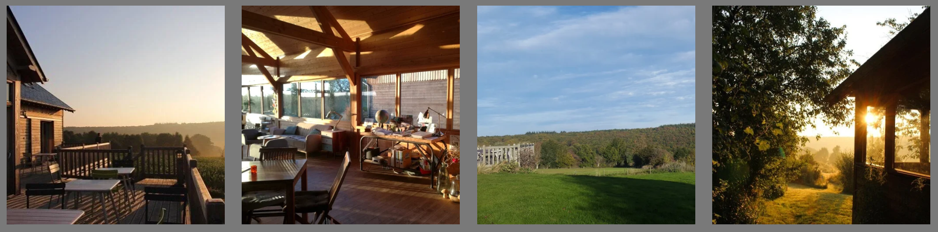 Salle de yoga panoramique en bois vue sur la vallée sauvage normande.