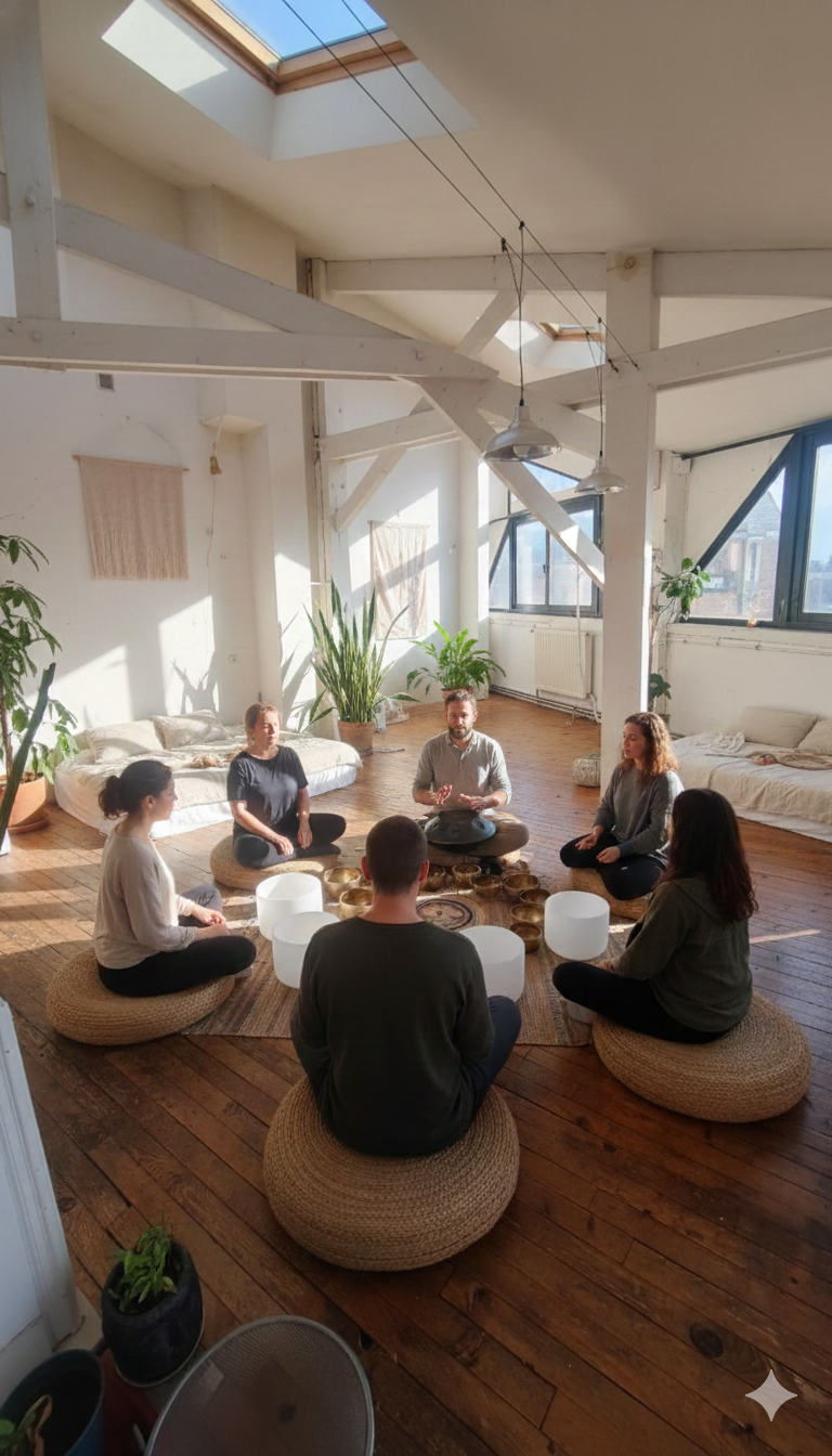 Cercle de partage au Nid à Paris : groupe de 6 personnes et 3 thérapeutes réunis dans un grand atelier d'artiste lumineux pour une immersion thérapeutique SOA.