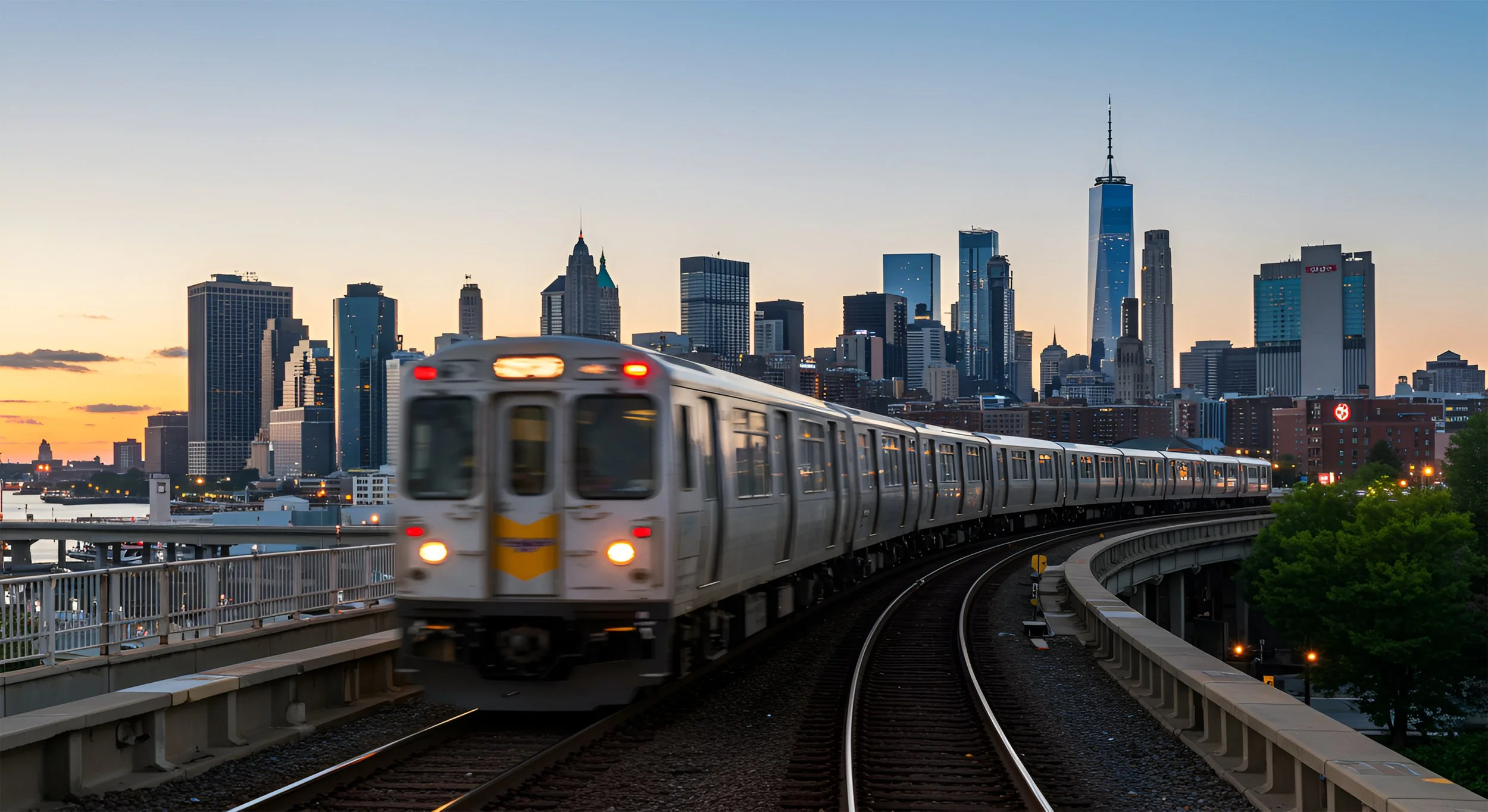 A  commuter train traveling on an elevated track toward the New York City skyline at sunset, with One World Trade Center prominently featured in the background.