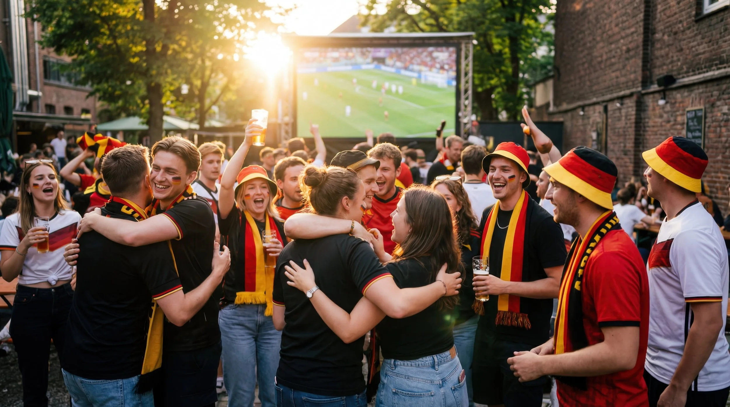 A lively group of soccer fans wearing team colors celebrate together at an outdoor bar and restaurant patio during sunset, watching a live match on a massive outdoor screen while holding drinks.
