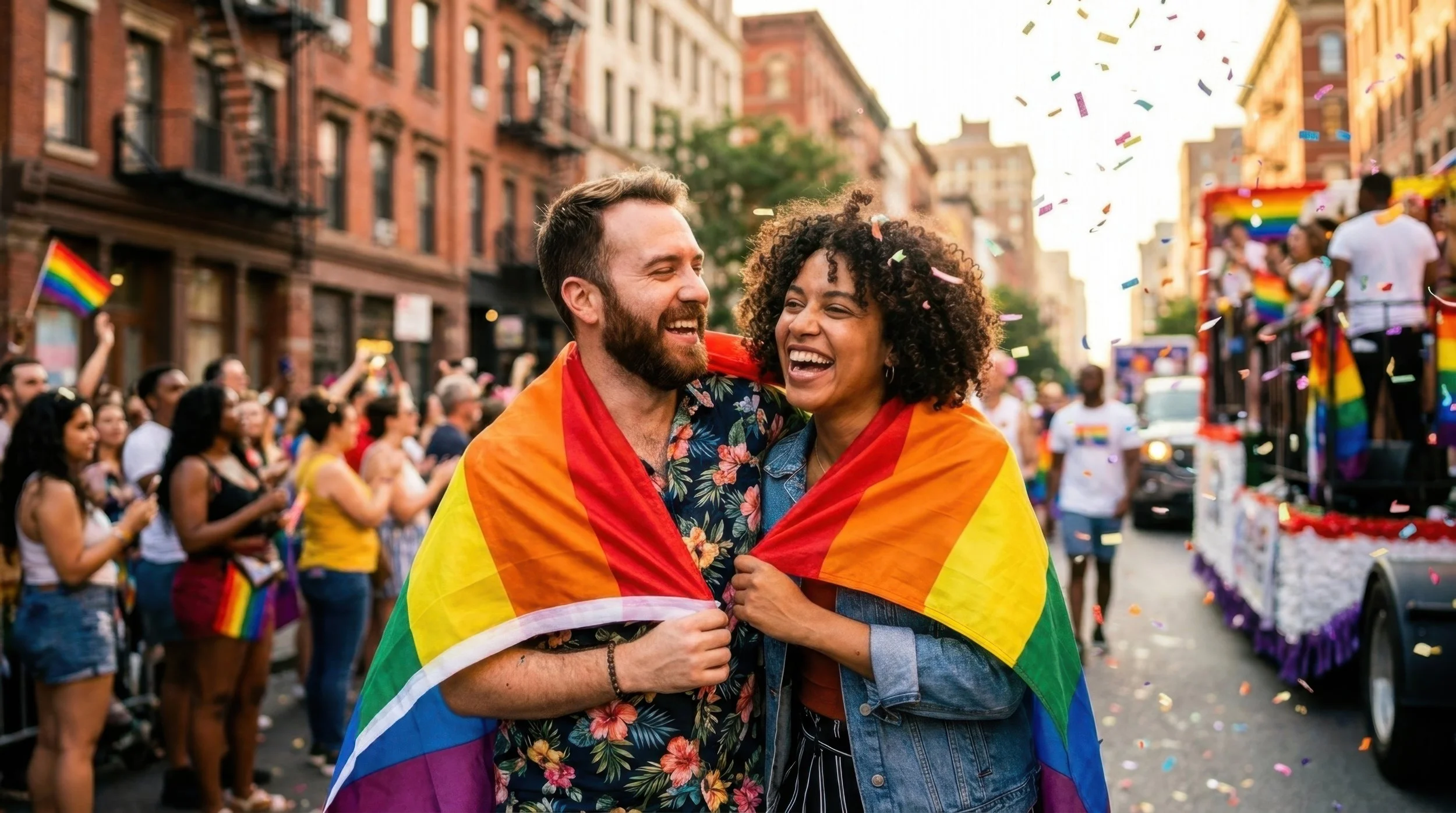 A smiling couple wrapped in a rainbow flag walking down a vibrant city street filled with confetti and a Pride parade float.