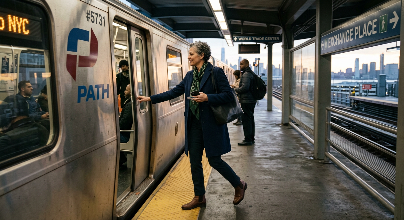 mature woman boarding a PATH train in Hoboken