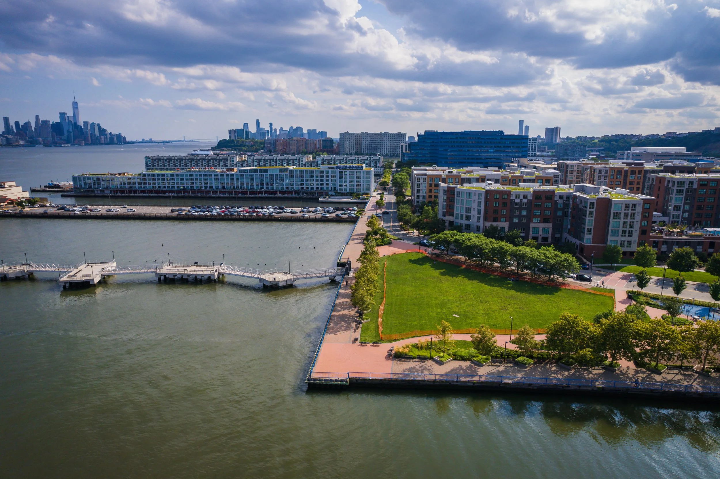 aerial view of weehawken condos, apartments and parks