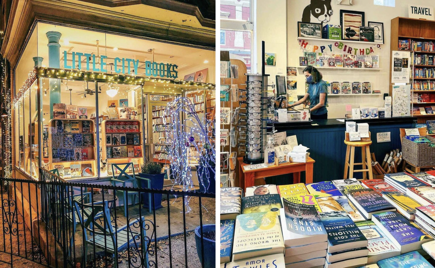 interior and exterior views Little City Books, Hoboken, things to do in Hoboken
