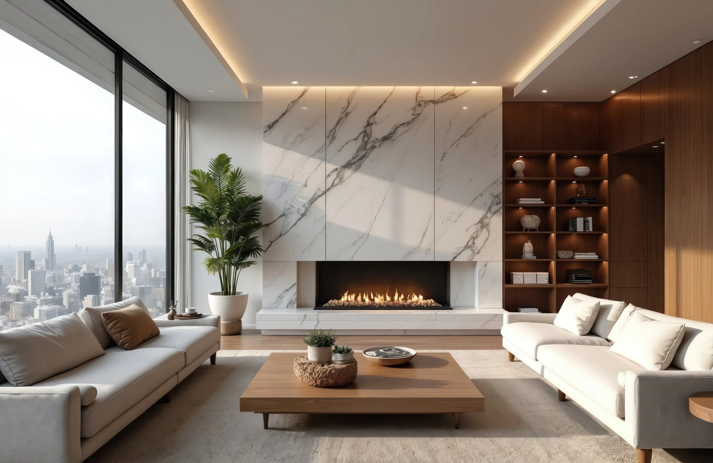 Interior, living room with view in a luxury condo, Hoboken NJ