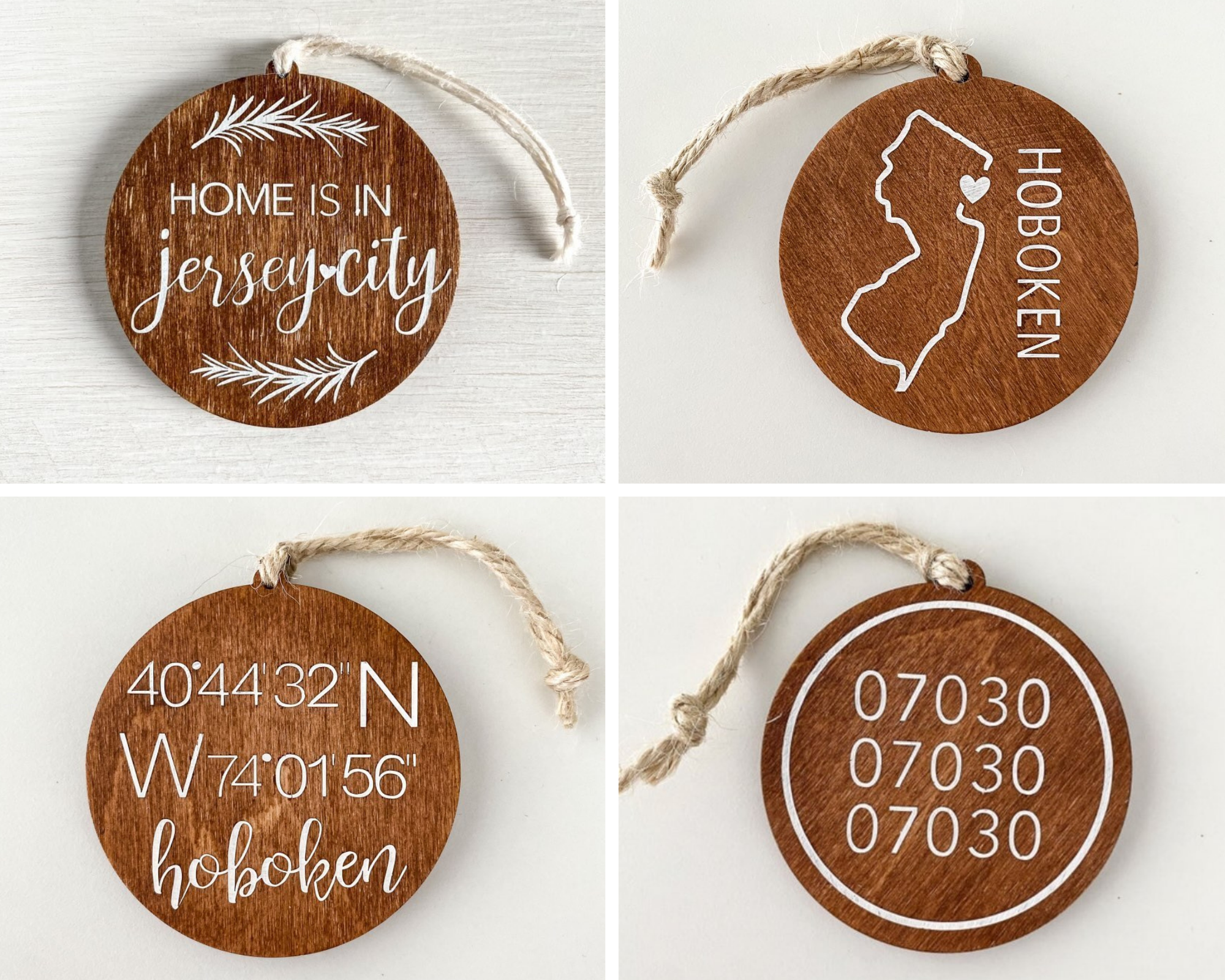 Hometown Hello custom wooden Hoboken ornaments with coordinates and zip code