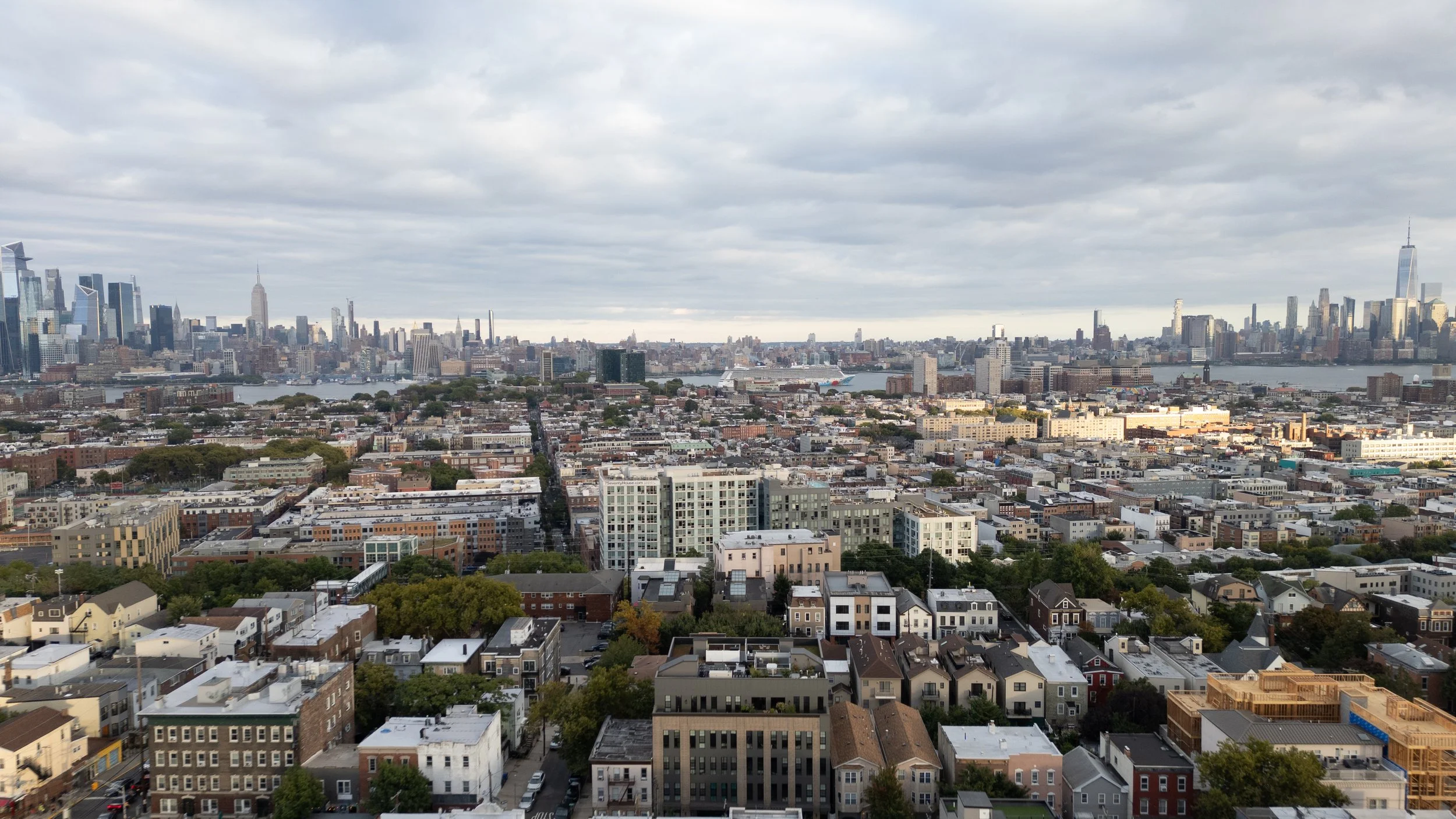 aerial view of jersey heights with Manhattan skyline in the background
