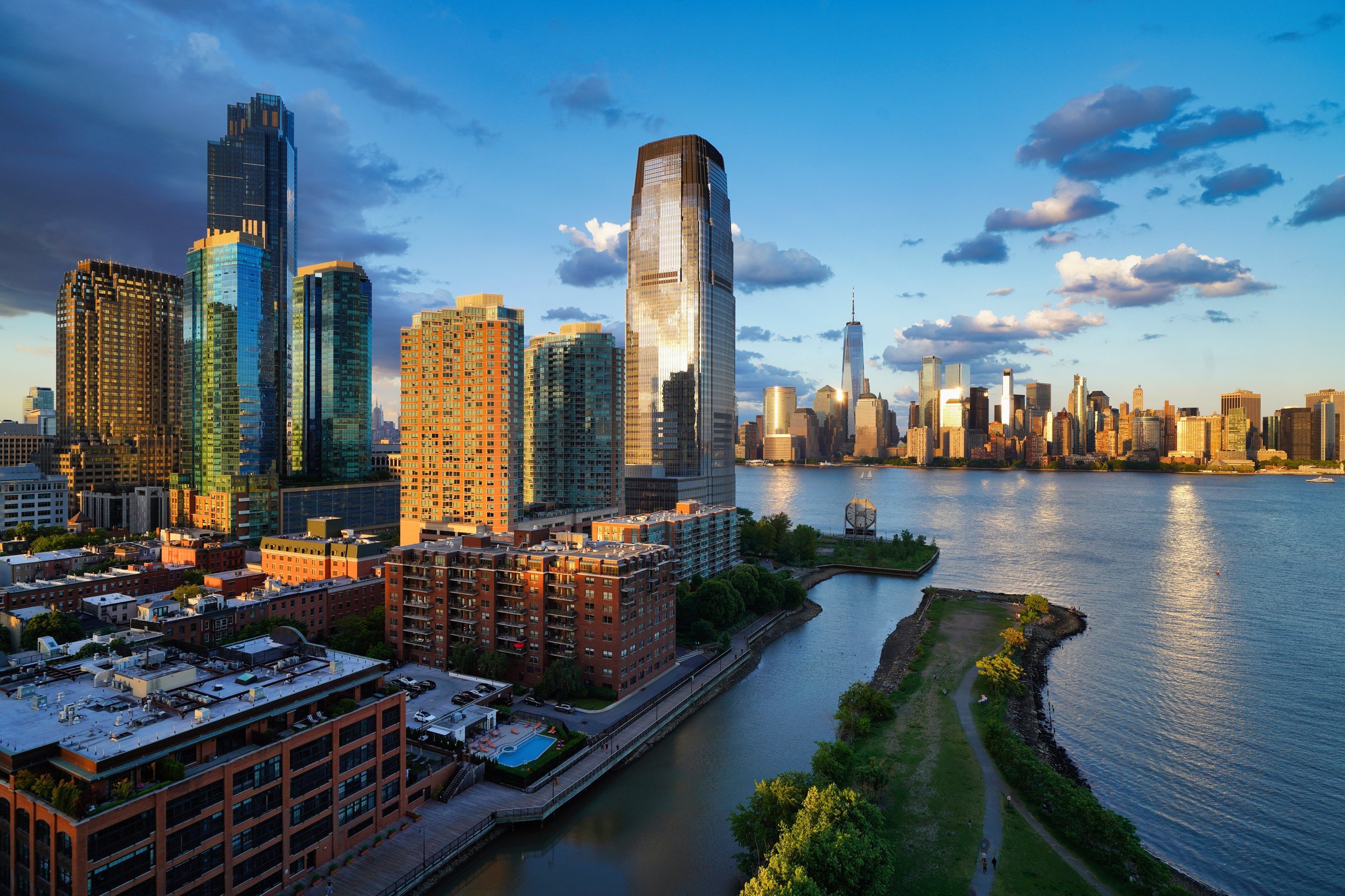 Aerial view of Jersey City waterfront and skyline with Lower Manhattan across the Hudson River