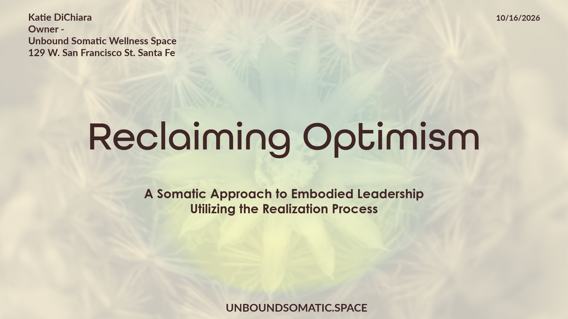 Cover page of a called "Reclaiming Optimism" with subtitle "A Somatic Approach to Embodied Leadership Utilizing the Realization Process" by Katie DiChiara, owner of Unbound Somatic Wellness Space, with a background of a faint green and yellow cactus.