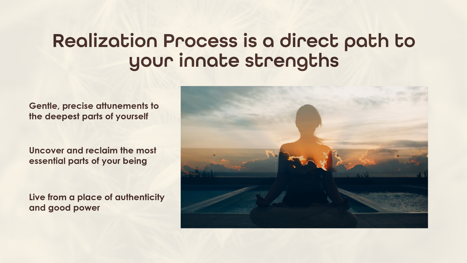A person meditating outdoors during sunset, with a cloudy sky and city skyline in the background, overlaid with inspirational text about realization and inner strength.