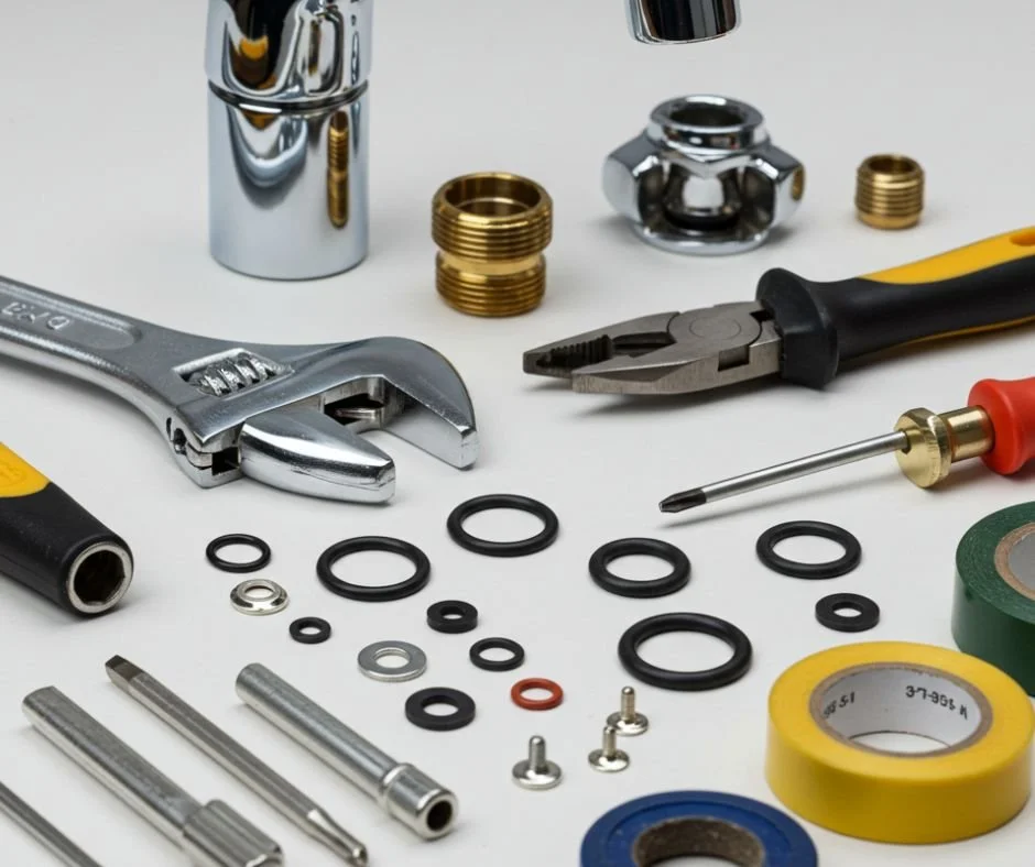Close-up photograph of various faucet repair tools