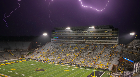 Thor, God of Thunder, visits Kinnick Stadium.