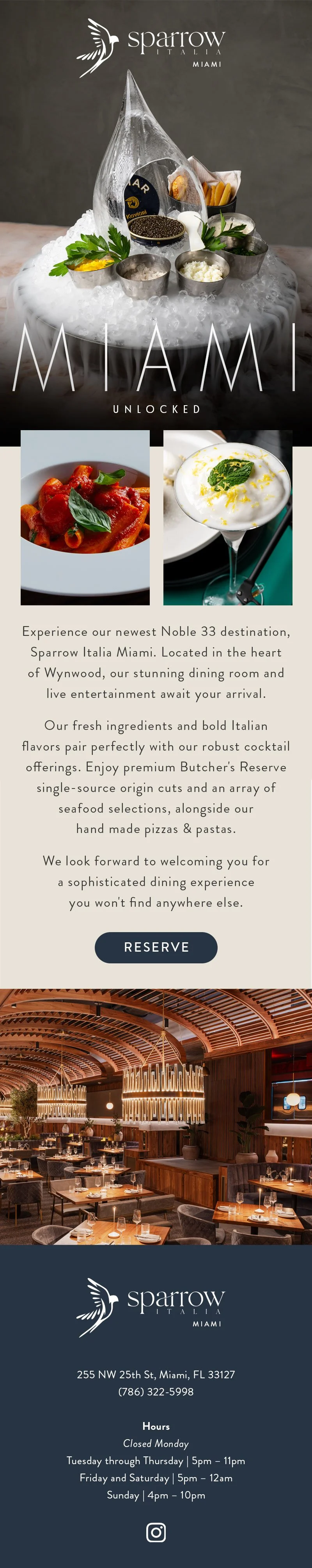 Restaurant email marketing design for Sparrow Italia Miami featuring a seafood tower along with images of pasta and a cocktail, and a description of the restaurant's offerings and reservation details.