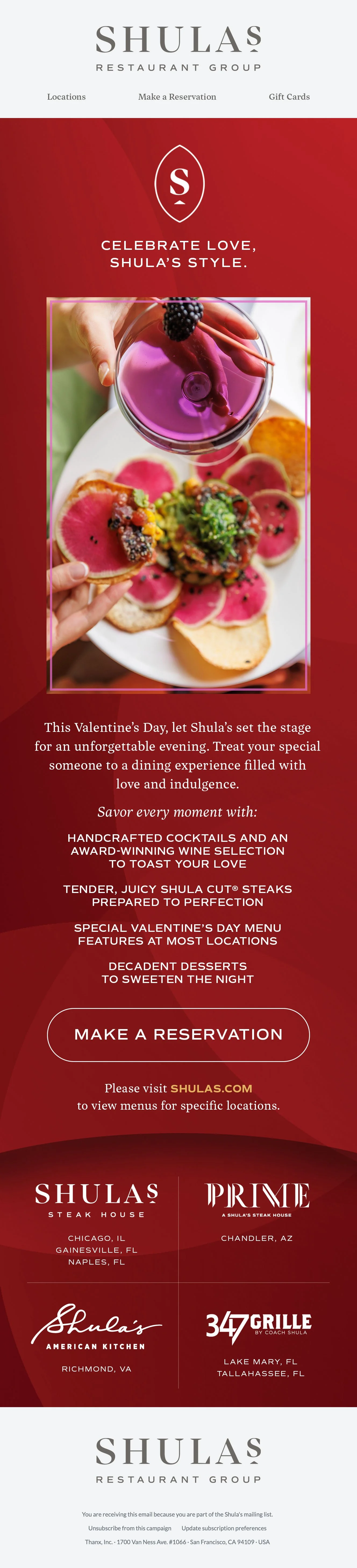 Restaurant email marketing design for Shula's Restaurant Group featuring Valentine's Day special menu items, including a specialty cocktail and a ahi tuna poke bowl with colorful chips. Includes list of multiple Shula brands and locations.
