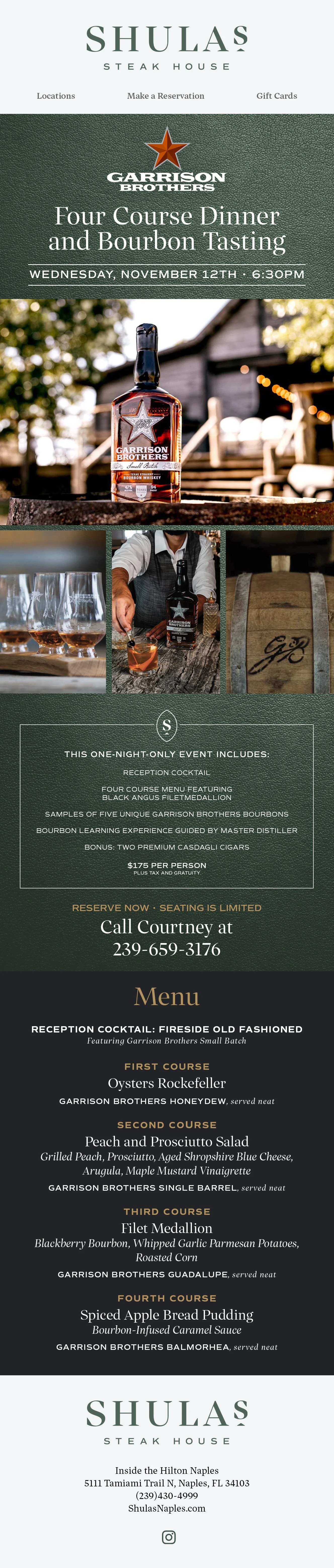 Restaurant email marketing design for Garrison Brothers four course dinner and bourbon tasting at Shulas Steak House in Naples, FL. Features a bottle of Garrison Brothers bourbon and details about the event, including the evening's menu.