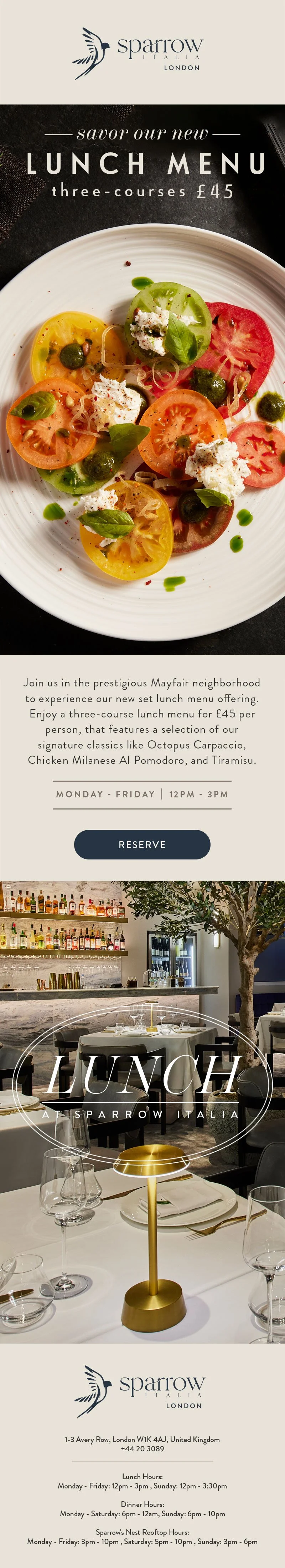 Restaurant email marketing design featuring a colorful tomato salad with basil and cheese, promoting a three-course lunch menu at Sparrow Italia in London.