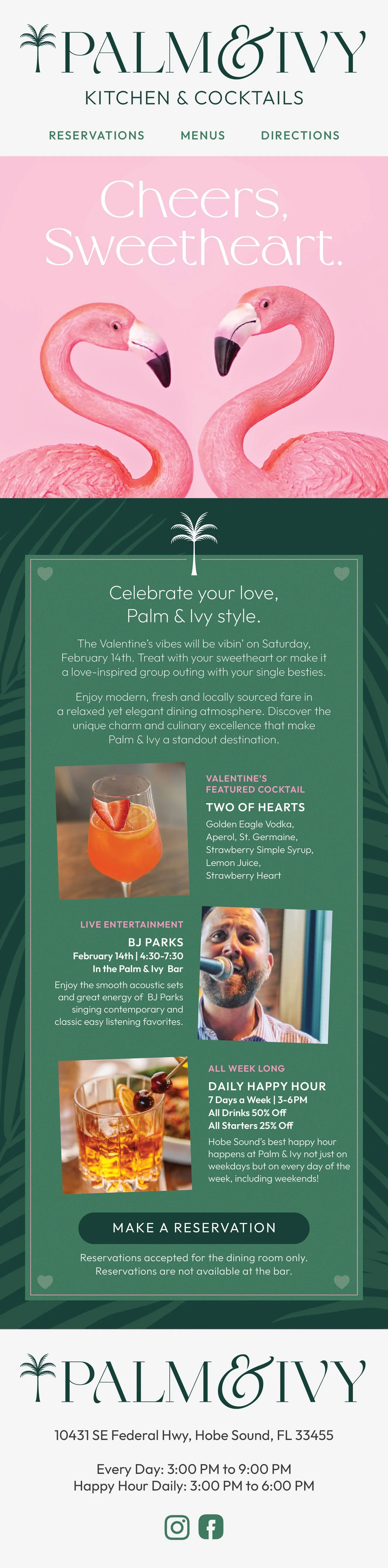 Restaurant email marketing design for Palm & Ivy Kitchen & Cocktails in Hobe Sound, FL. The email features a Valentine's Day restaurant promotion and a live music schedule, along with restaurant contact information.