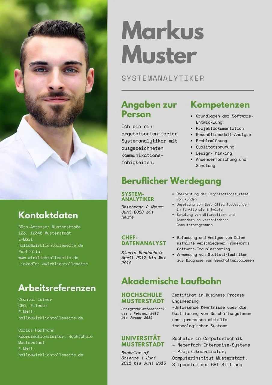 Lebendige Kopfaufnahme eines jungen Mannes mit dunklem Haar, Bart und weißem Hemd, vor unscharf grüner Natur im Hintergrund. Rechts daneben ein Lebenslauf in Deutsch, der den Namen Markus Muster, seine Fähigkeiten, berufliche Erfahrung, akademischen Werdegang und Kontaktdaten beschreibt.
