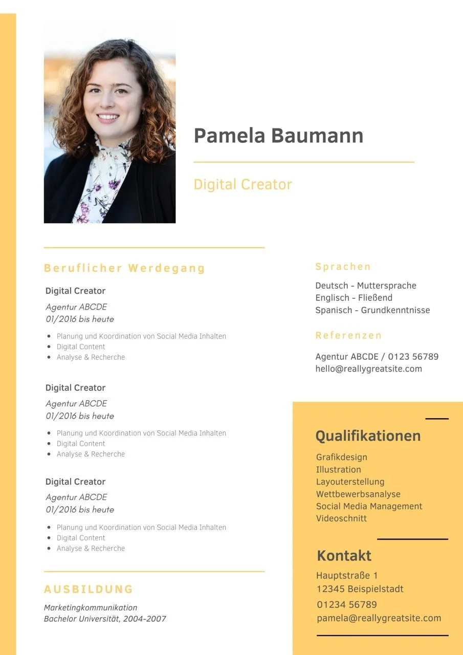 Lebenslauf von Pamela Baumann, Digital Creator, mit Foto, beruflichem Werdegang, Sprachen, Referenzen, Qualifikationen, Kontaktinformationen, Ausbildung.