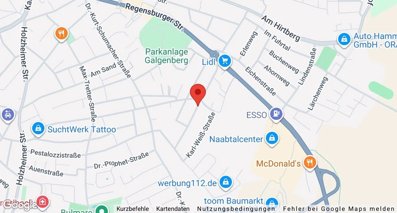 Karte des Stadtteils Galgenberg mit Geschäften, Restaurants und Verkehrsanbindung.