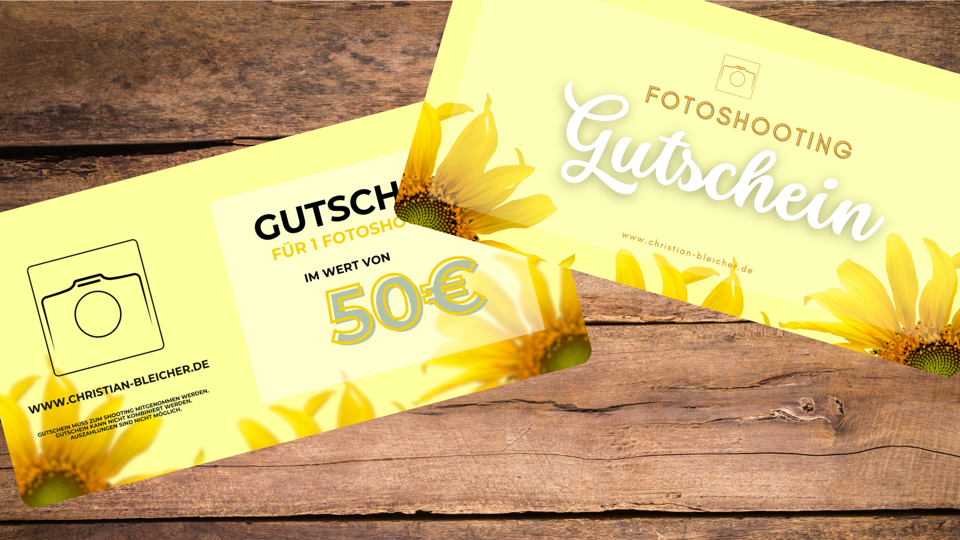 Fotogutschein für Fotoshooting, Wert 50 Euro, mit Sonnenblumen im Design, auf Holztisch