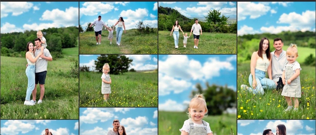 Familienfotos im Grünen bei schönem Wetter, Familienmitglieder beim Spazierengehen, im Gras sitzen und lachen.