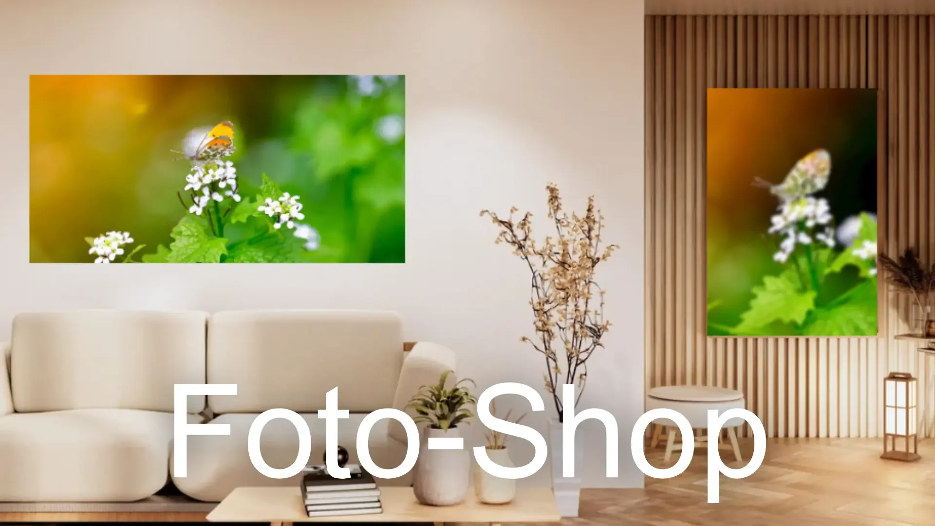 Wohnzimmer mit zwei großen Fotografien von einem Schmetterling auf Blüten an der Wand. Eine beige Couch, Tisch und Pflanzen im Raum. Text "Foto-Shop" im Vordergrund.