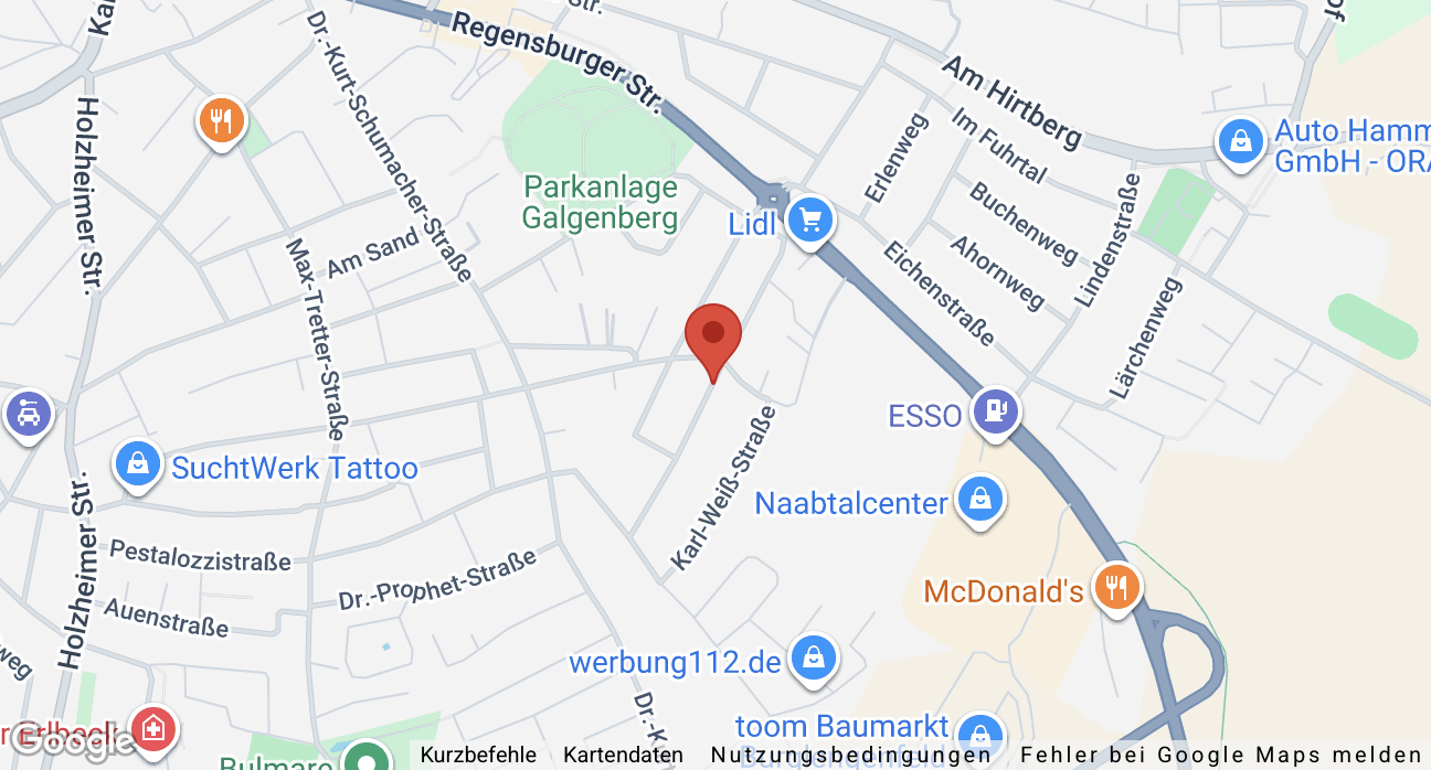 Karte mit verschiedenen Geschäften, Restaurants und Straßen in einer Stadt, inklusive McDonald's, Lidl, Auto Hammer, SuchtWerk Tattoo, ESSO und anderen.