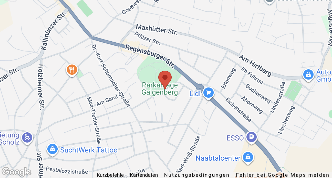 Karte mit dem Parkgelände Galgenberg, in der Nähe befinden sich Supermärkte, Tankstellen und Geschäfte, sowie Straßen mit Namen wie Regenburger Straße, Maxhütter Straße und Erlenweg.