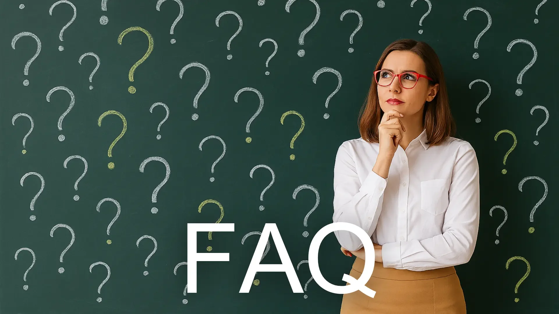 Eine Frau mit brünettem Haar, Brille und weißem Hemd steht vor einer Tafel, die mit Fragezeichen in Chalk-Pen geschrieben ist. Das Wort 'FAQ' ist in großen weißen Buchstaben im Vordergrund.
