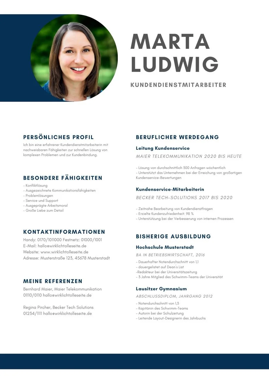 Lebenslauf von Marta Ludwig mit Foto, persönlichen Fähigkeiten, beruflichem Werdegang, bisherigen Ausbildungen und Referenzen.