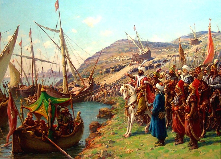 Sultan Mehmed II ordering his army to drag the ships across land