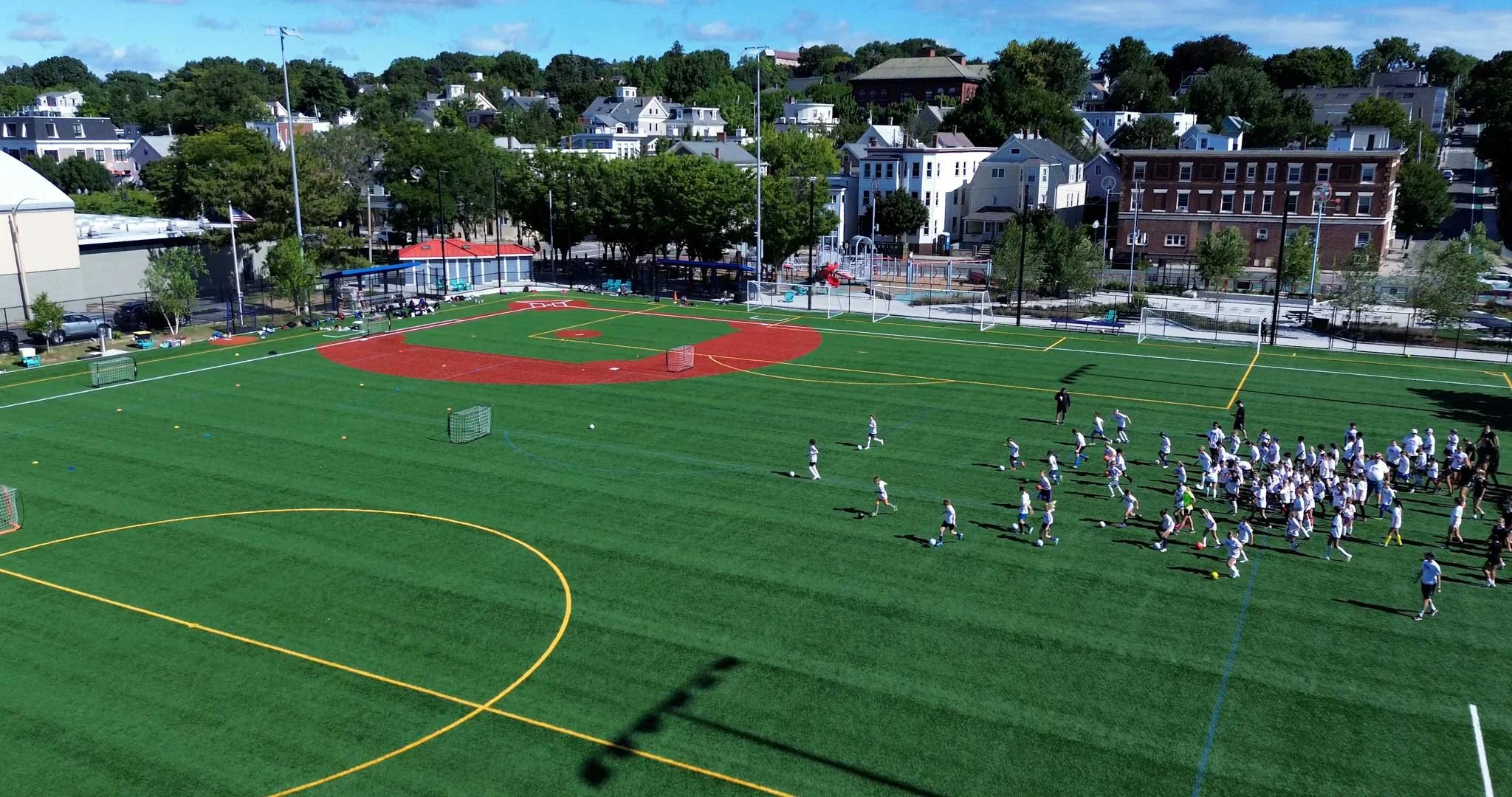 Bunker Hill Media drone footage showcasing soccer fields with Boston’s skyline in the background.
