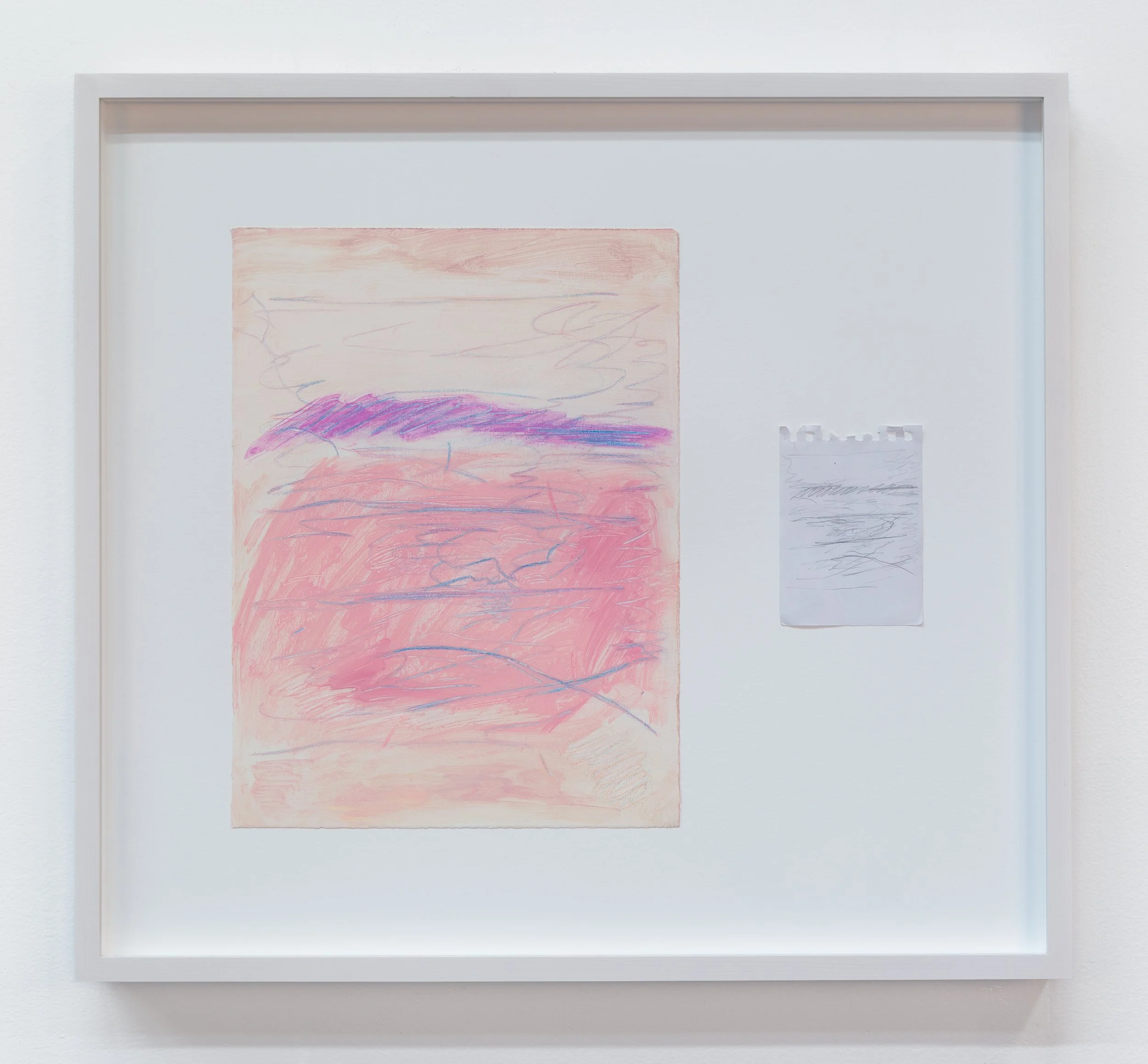 questions, TS 3, 2025, oil, oil pastel, and pencil on paper, 12 x 9” and 4 x 3” (framed)