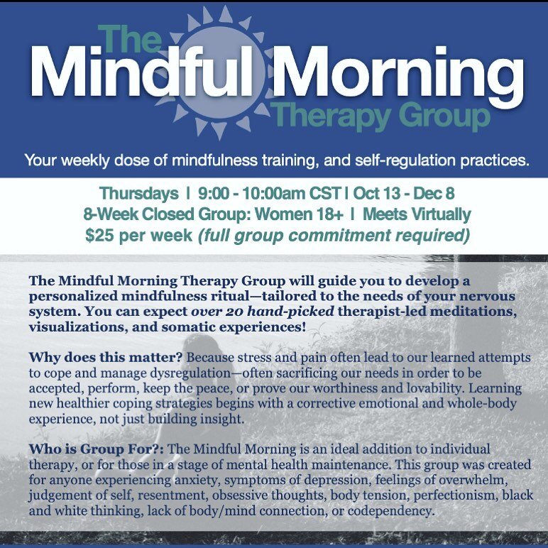 Virtual group for ANY WOMAN IN TENNESSEE. In-group experience of 20+ mindfulness and somatic experiences. Which one will be your favorite? Check my stories for full flyer, and to register. 

Space is limited. I hope you can join me. ☀️🌅🧠🧘🏽

#ther