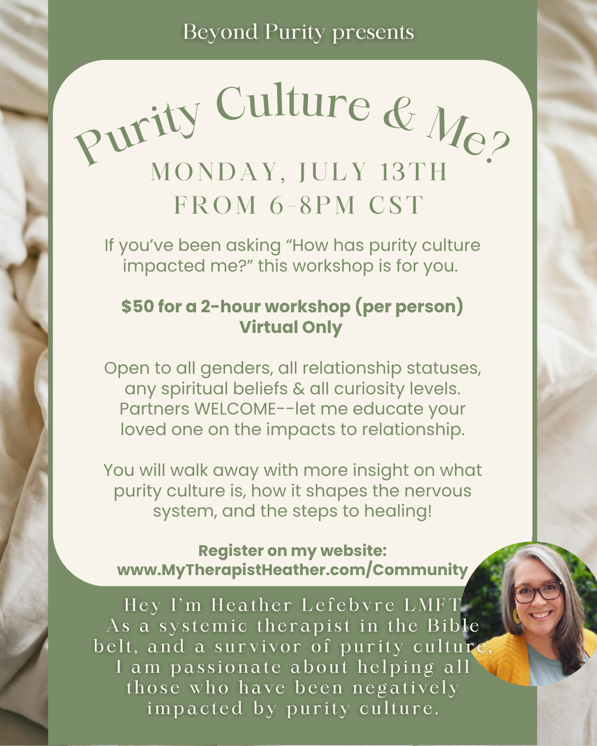 Flyer for a virtual workshop titled "Purity Culture & Me?" scheduled for July 13th from 6-8 PM CST, hosted by Beyond Purity, led by Heather Lefebvre, showing a woman with glasses and shoulder-length hair, smiling, with a background of beige fabric.
