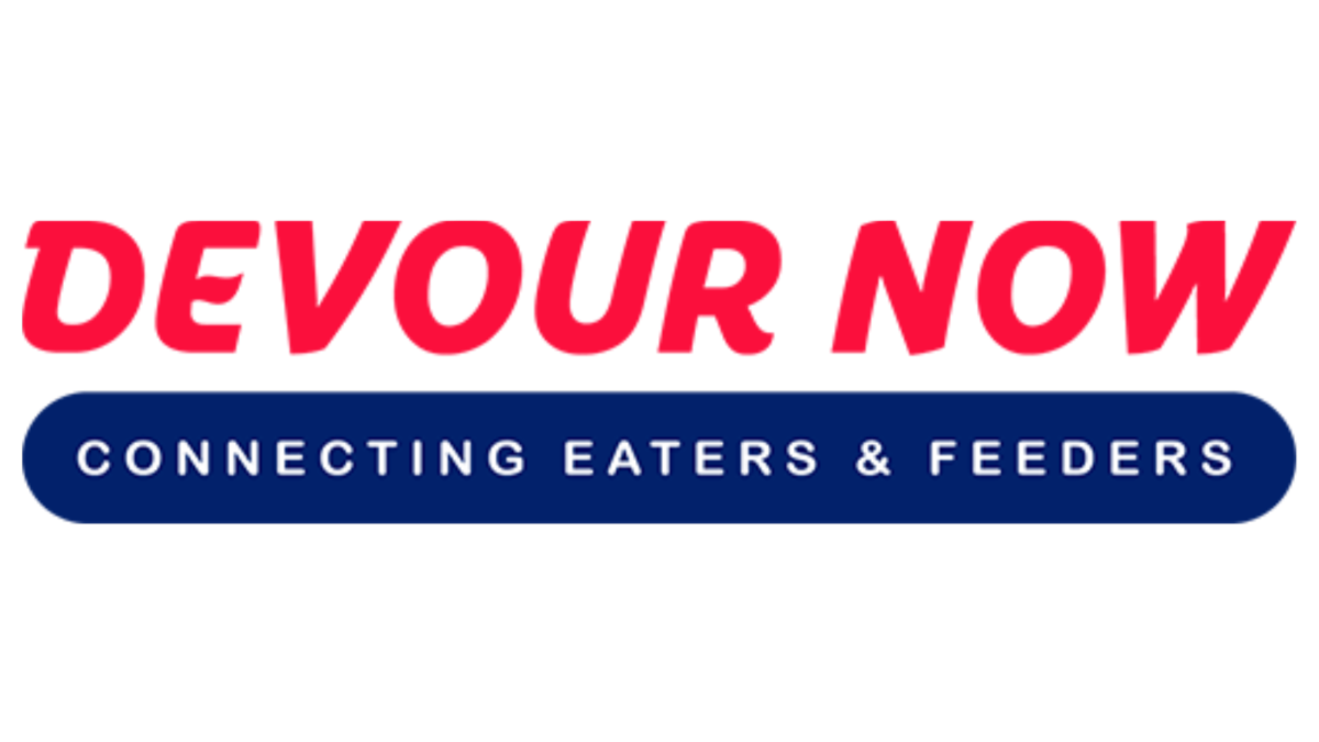 Text logo reading 'DEVOUR NOW' in large red letters above the phrase 'Connecting Eaters & Feeders' in smaller white letters on a blue background.