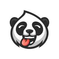 Cartoon panda bear face with a playful expression, tongue sticking out.
