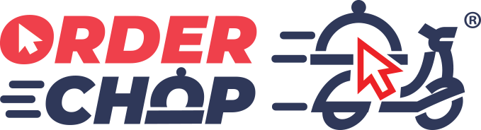 Logo with the text 'ORDER E-CHOP' and a graphic of a delivery scooter with a clock and a cursor arrow.