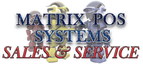 Logo for Matrix POS Systems featuring robotic characters in yellow, blue, and red, with the text 'Matrix POS Systems' and 'Sales & Service'.