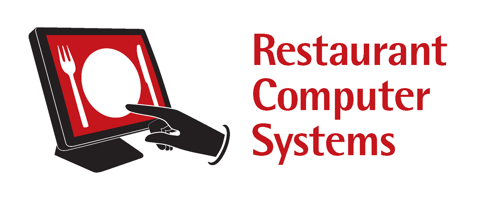 Computer monitor displaying a plate with a fork and knife on a clear red background; an illustration style with a hand pointing at the screen; text next to the monitor reads 'Restaurant Computer Systems' in red letters.