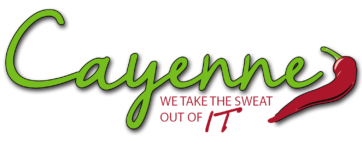 Cayenne logo with stylized green text and red pepper graphic, including the slogan 'We take the sweat out of it.'