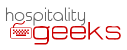 Logo of Hospitality Geeks with text in black and red.